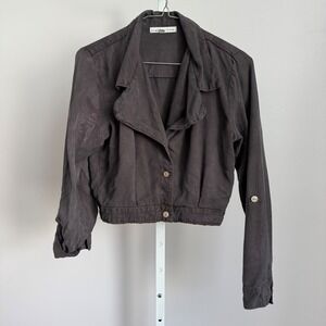 Young Fabulous Broke‎ Jacket Womens XS Gray Crop Button Up Roll Tab Sleeve